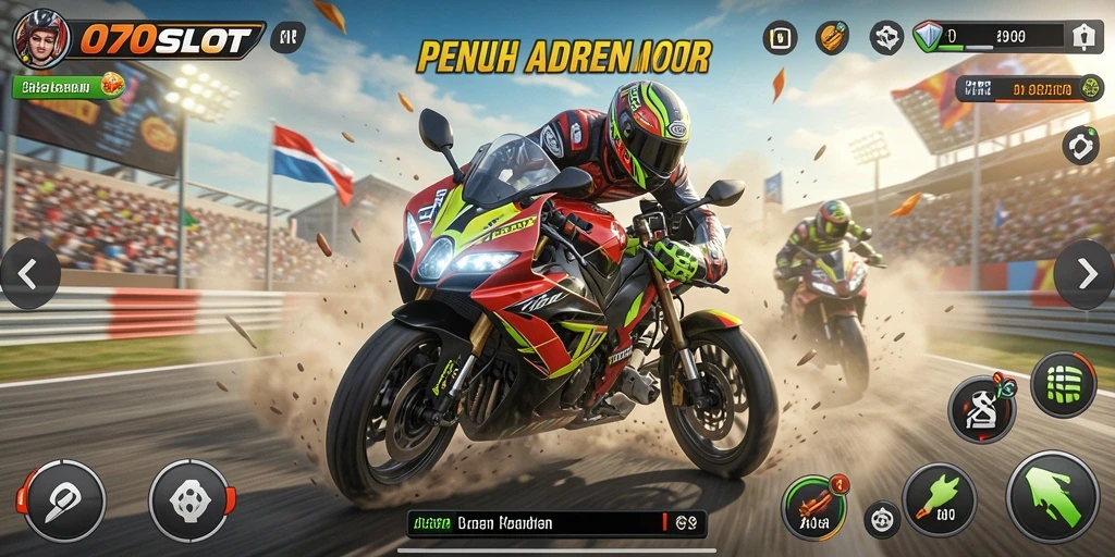 Gameplay mendebarkan dalam 070SLOT menampilkan balapan motor yang intens.