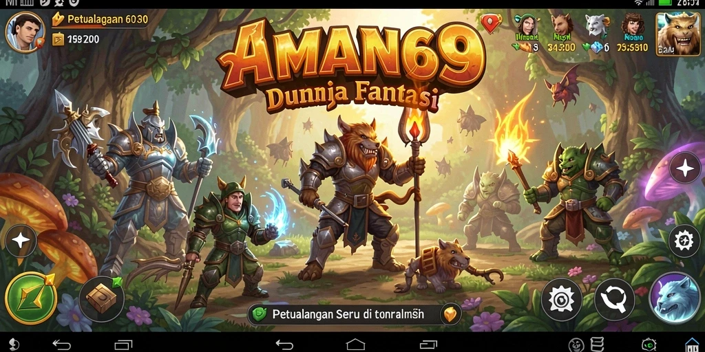 Tangkapan layar gameplay AMAN69 dengan banyak pertempuran seru dan karakter unik.