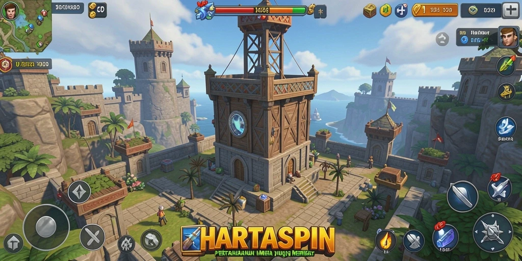 Screenshot HARTASPIN dengan tampilan menara dan musuh dalam permainan Tower Defense.