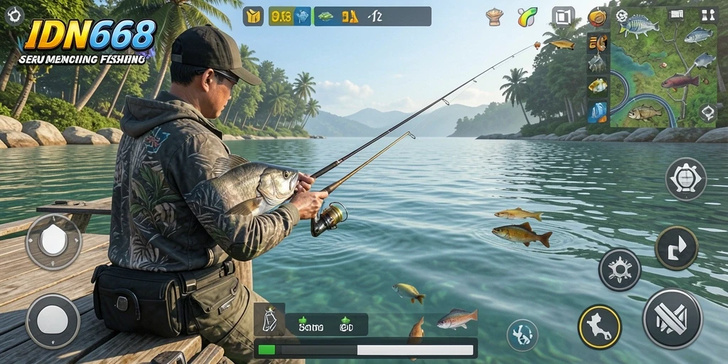 Tampilan gameplay IDN668 dengan aksi memancing yang seru dan menarik.
