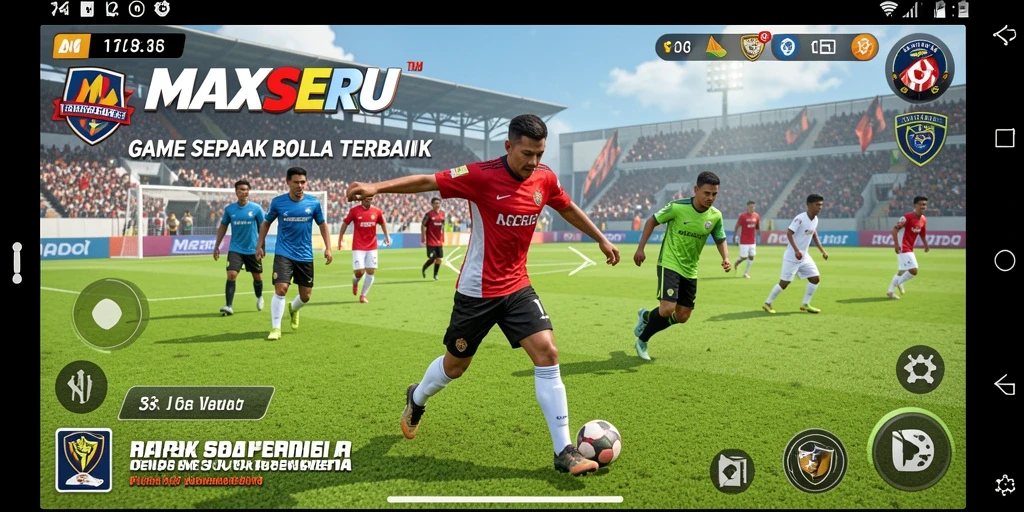 Screenshot gameplay MAXSERU menampilkan aksi seru di lapangan sepak bola.