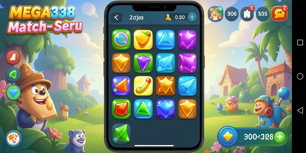 Gameplay menarik dari MEGA338 di level match-3 yang penuh warna.